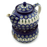 Polish Pottery Tea or Coffee Pot with Heater 40 oz Peacock Leaves
