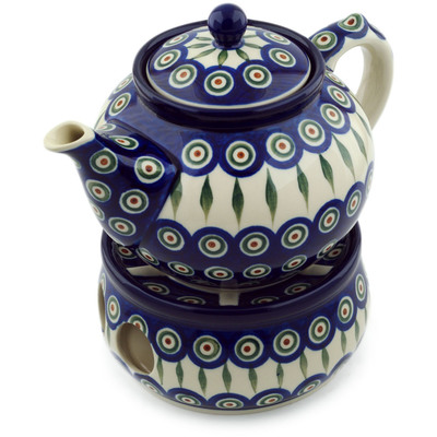 Polish Pottery Tea or Coffee Pot with Heater 40 oz Peacock Leaves