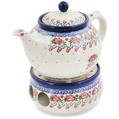 Polish Pottery Tea or Coffee Pot with Heater 40 oz Red Primrose