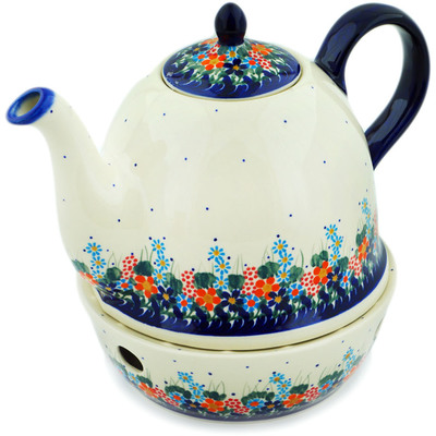 Polish Pottery Tea or Coffee Pot with Heater 58 oz Backyard Blooms UNIKAT