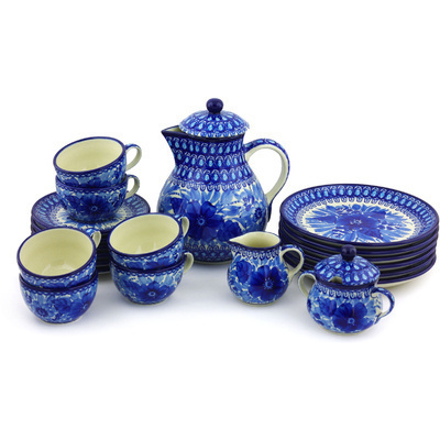 Polish Pottery Tea or Coffee Set for Six 34 oz Bleu Boquet UNIKAT