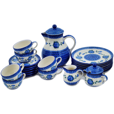 Polish Pottery Tea or Coffee Set for Six 34 oz Blue Poppies