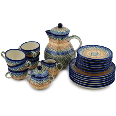 Polish Pottery Tea or Coffee Set for Six 34 oz Grecian Sea
