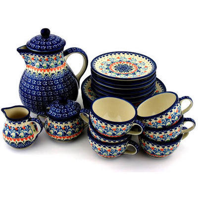 Polish Pottery Tea or Coffee Set for Six 34 oz Orange Tulips UNIKAT