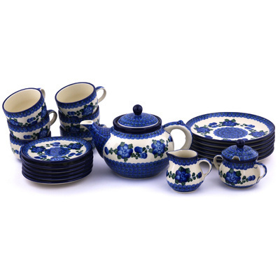 Polish Pottery Tea or Coffee Set for Six 40 oz Blue Poppies
