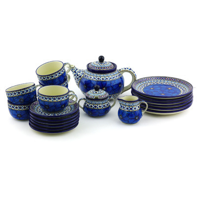 Polish Pottery Tea or Coffee Set for Six 40 oz Cobalt Poppies UNIKAT