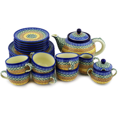 Polish Pottery Tea or Coffee Set for Six 40 oz Grecian Sea