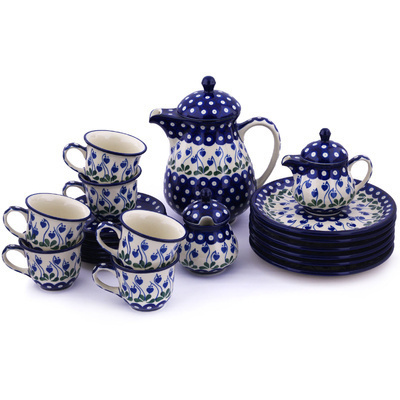 Polish Pottery Tea or Coffee Set for Six 51 oz Bleeding Heart Peacock