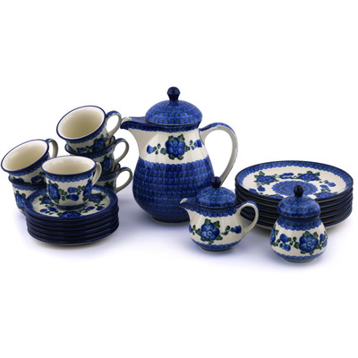 Polish Pottery Tea or Coffee Set for Six 51 oz Blue Poppies