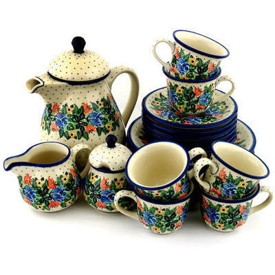 Polish Pottery Tea or Coffee Set for Six 51 oz Dotted Floral Wreath UNIKAT