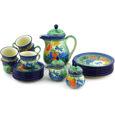 Polish Pottery Tea or Coffee Set for Six 51 oz Garden Delight UNIKAT