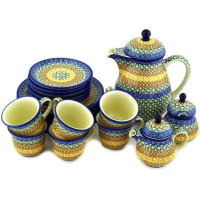Polish Pottery Tea or Coffee Set for Six 51 oz Grecian Sea