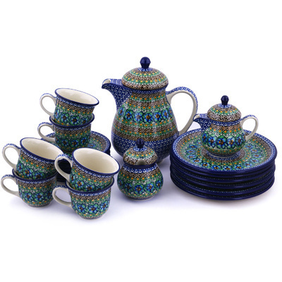 Polish Pottery Tea or Coffee Set for Six 51 oz Mardi Gras UNIKAT