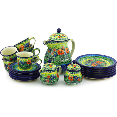 Polish Pottery Tea or Coffee Set for Six 51 oz Peach Rose Meadow UNIKAT