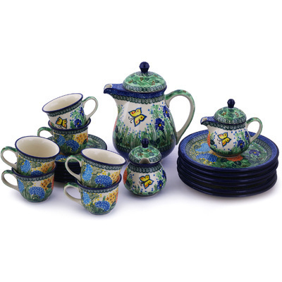 Polish Pottery Tea or Coffee Set for Six 51 oz Spring Garden UNIKAT