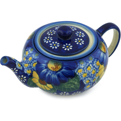 Polish Pottery Tea Pot with Sifter 12 oz Floral Fruit Basket UNIKAT