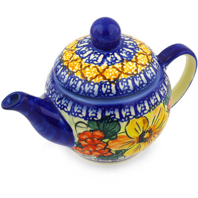Polish Pottery Tea Pot with Sifter 17 oz Colorful Bouquet UNIKAT