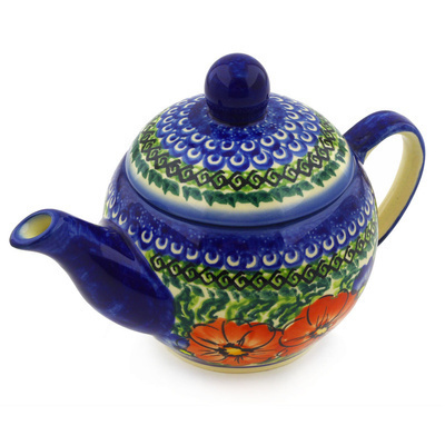 Polish Pottery Tea Pot with Sifter 17 oz Red Star UNIKAT