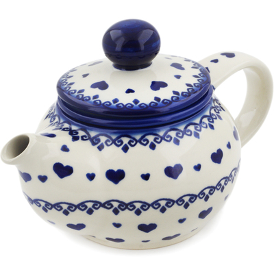 Polish Pottery Tea Pot with Sifter 19 oz Blue Valentine Hearts