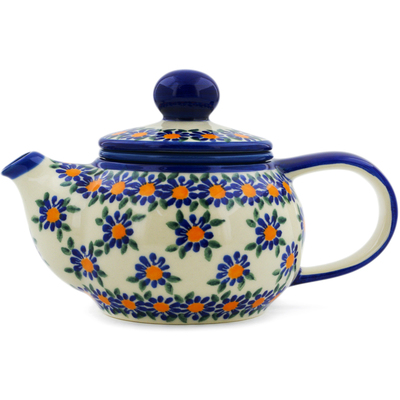 Polish Pottery Tea Pot with Sifter 22 oz Blue Daisy UNIKAT