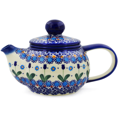 Polish Pottery Tea Pot with Sifter 22 oz Blue Tulip Garden UNIKAT