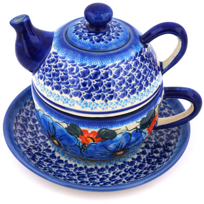 Polish Pottery Tea Set for One 13 oz Blue As Your Eyes UNIKAT