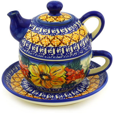 Polish Pottery Tea Set for One 13 oz Colorful Bouquet UNIKAT