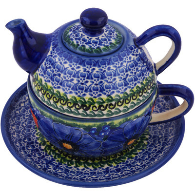 Polish Pottery Tea Set for One 13 oz Dark Wave UNIKAT