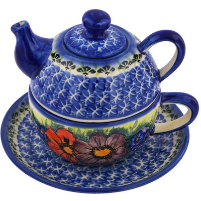 Polish Pottery Tea Set for One 13 oz Flamenco UNIKAT