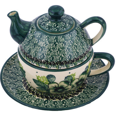 Polish Pottery Tea Set for One 13 oz Green Bouquet UNIKAT