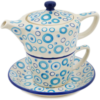 Polish Pottery Tea Set for One 13 oz Groovy Blues UNIKAT