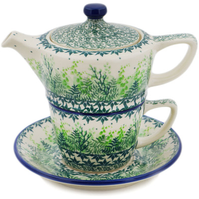 Polish Pottery Tea Set for One 13 oz Leafy Garden UNIKAT