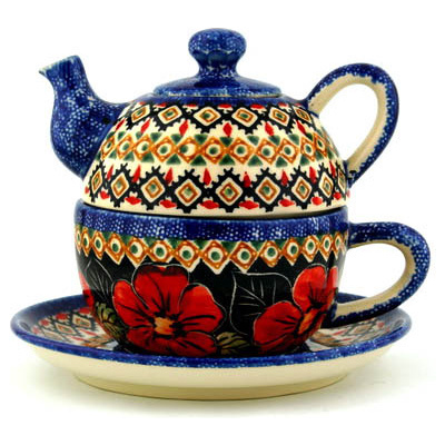 Polish Pottery Tea Set for One 13 oz Poppy Passion UNIKAT