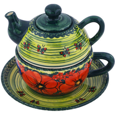 Polish Pottery Tea Set for One 13 oz Red As Brick UNIKAT