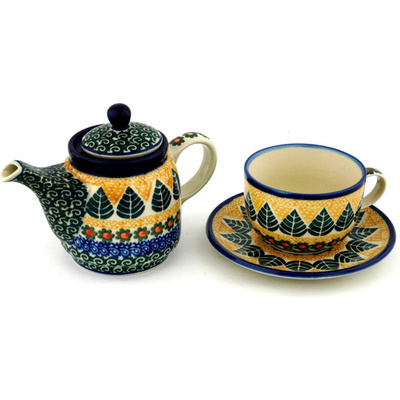 Polish Pottery Tea Set for One 17 oz Aspen Leaves