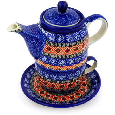 Polish Pottery Tea Set for One 17 oz Aztec Night