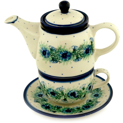 Polish Pottery Tea Set for One 17 oz Blue Bell Wreath