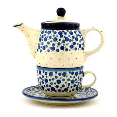 Polish Pottery Tea Set for One 17 oz Blue Bubbles