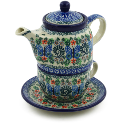 Polish Pottery Tea Set for One 17 oz Blue Butterfly Brigade UNIKAT