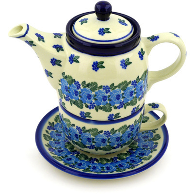 Polish Pottery Tea Set for One 17 oz Blue Carnation