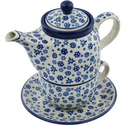 Polish Pottery Tea Set for One 17 oz Blue Confetti