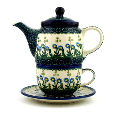 Polish Pottery Tea Set for One 17 oz Blue Daisy Circle
