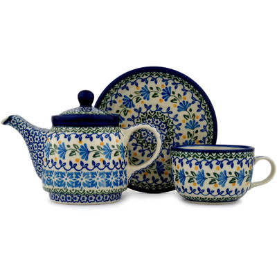Polish Pottery Tea Set for One 17 oz Blue Fan Flowers