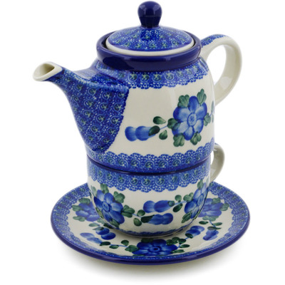 Polish Pottery Tea Set for One 17 oz Blue Poppies