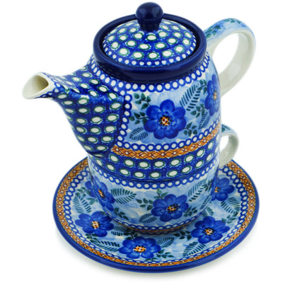 Polish Pottery Tea Set for One 17 oz Blue Poppy Circle UNIKAT