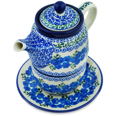 Polish Pottery Tea Set for One 17 oz Blue Poppy Wreath