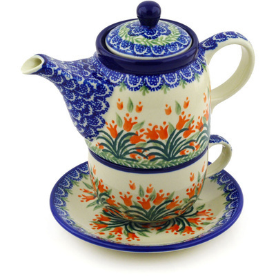 Polish Pottery Tea Set for One 17 oz Crimson Bells