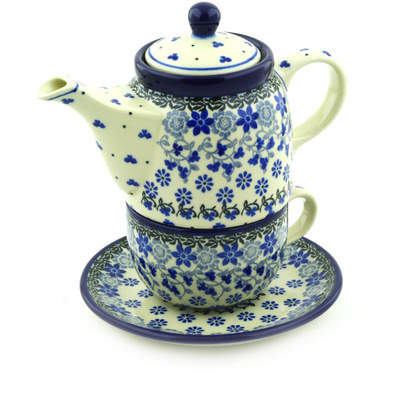 Polish Pottery Tea Set for One 17 oz Daisy Blues