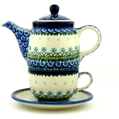 Polish Pottery Tea Set for One 17 oz Daisy Doilies