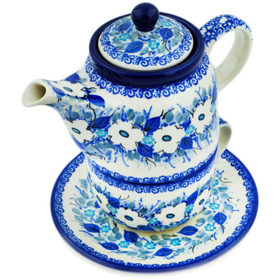 Polish Pottery Tea Set for One 17 oz Delicate Magnolia UNIKAT